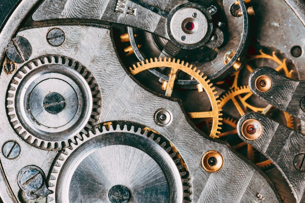 Old Clock Watch Mechanism. Retro Clockwork Watch With Gray And G