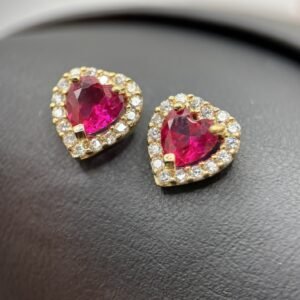 Καρφωτά Σκουλαρίκια Κ14 σε σχήμα Καρδιάς με Ροδολίτη και Ζιργκόν σε Κίτρινο Χρυσό