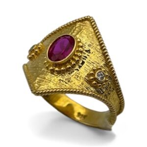 Fa Cadoro Style Επιχρυσωμένο Δαχτυλίδι Ασήμι 925 με Ροζ Οβάλ Ζιργκόν – Βυζαντινό Σχέδιο