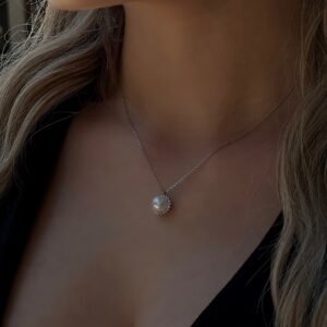 Fa Cadoro Κολιέ Ασήμι 925 με Μαργαριτάρι & Στεφάνη απο Λευκά Ζιργκόν