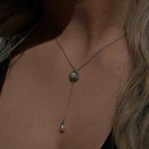 Fa Cadoro Κολιέ Ασήμι 925 με Μαργαριτάρι & Πράσινα Ζιργκόν – Y Necklace