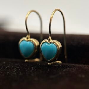 Ημικρεμαστά Σκουλαρίκια Κ14 Σχήμα Καρδιάς με Τιρκουάζ σε Κίτρινο Χρυσό