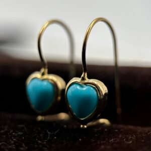 Ημικρεμαστά Σκουλαρίκια Κ14 Σχήμα Καρδιάς με Τιρκουάζ σε Κίτρινο Χρυσό