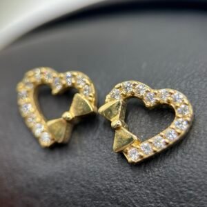 Καρφωτά Σκουλαρίκια Κ9 Καρδιά με Φιόγκο & Ζιργκόν σε Κίτρινο Χρυσό