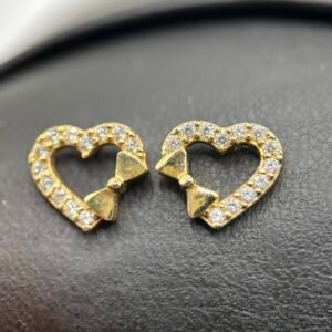 Καρφωτά Σκουλαρίκια Κ9 Καρδιά με Φιόγκο & Ζιργκόν σε Κίτρινο Χρυσό